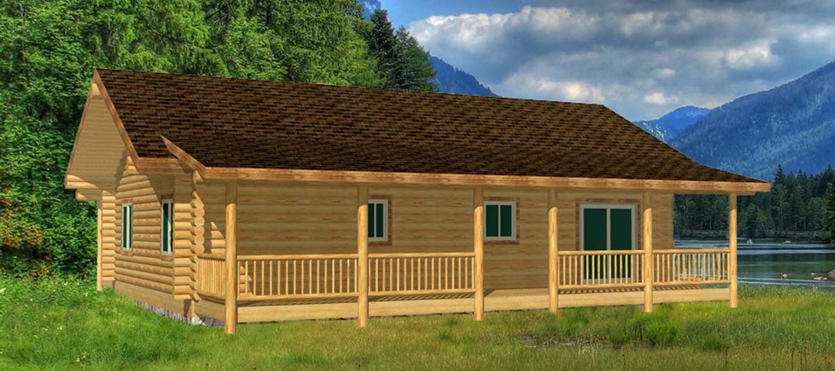 Rustic log cabin exterior with wooden porch design
