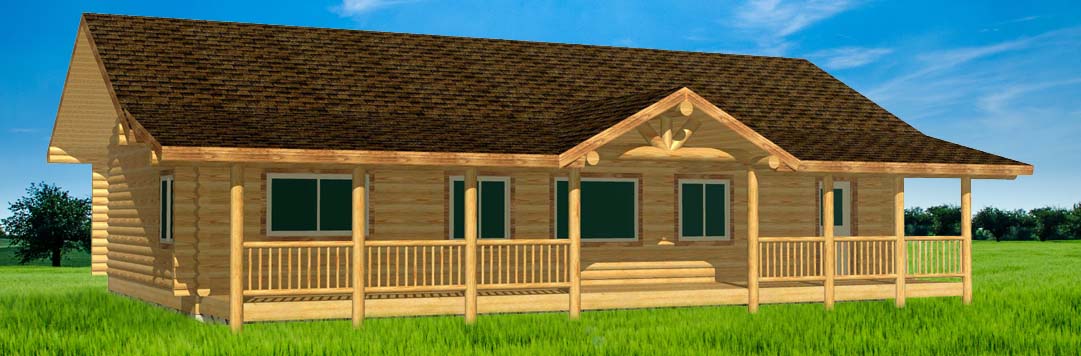 Front view of a rustic wooden cabin with large porch design