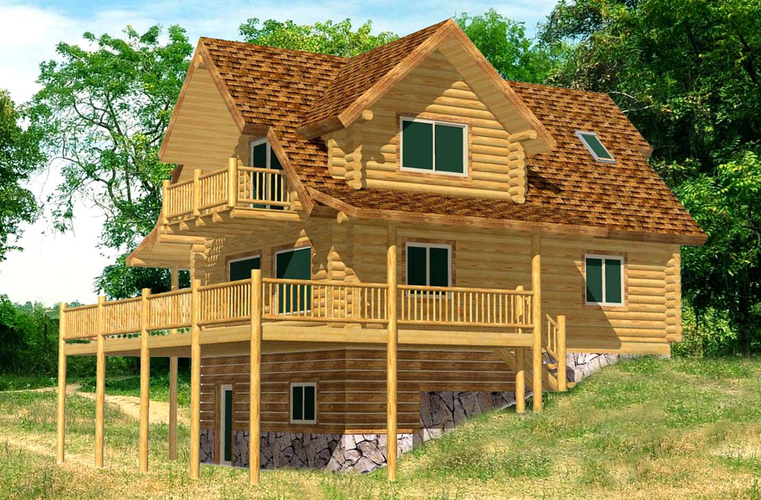 Log cabin with wooden deck and pitched roof design