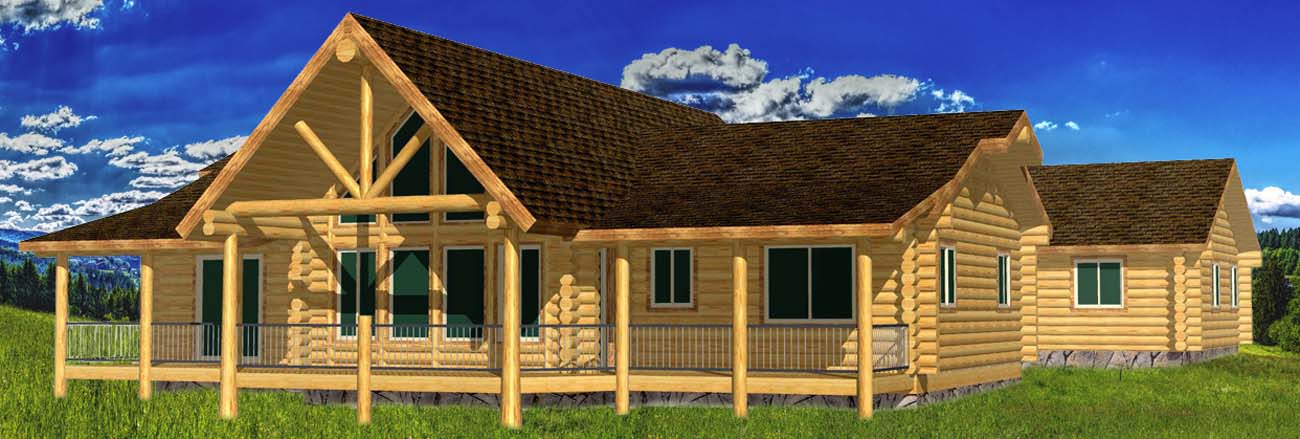 Spacious log cabin design with wraparound porch and windows