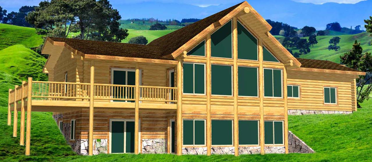 Spacious modern log cabin with large windows and balcony