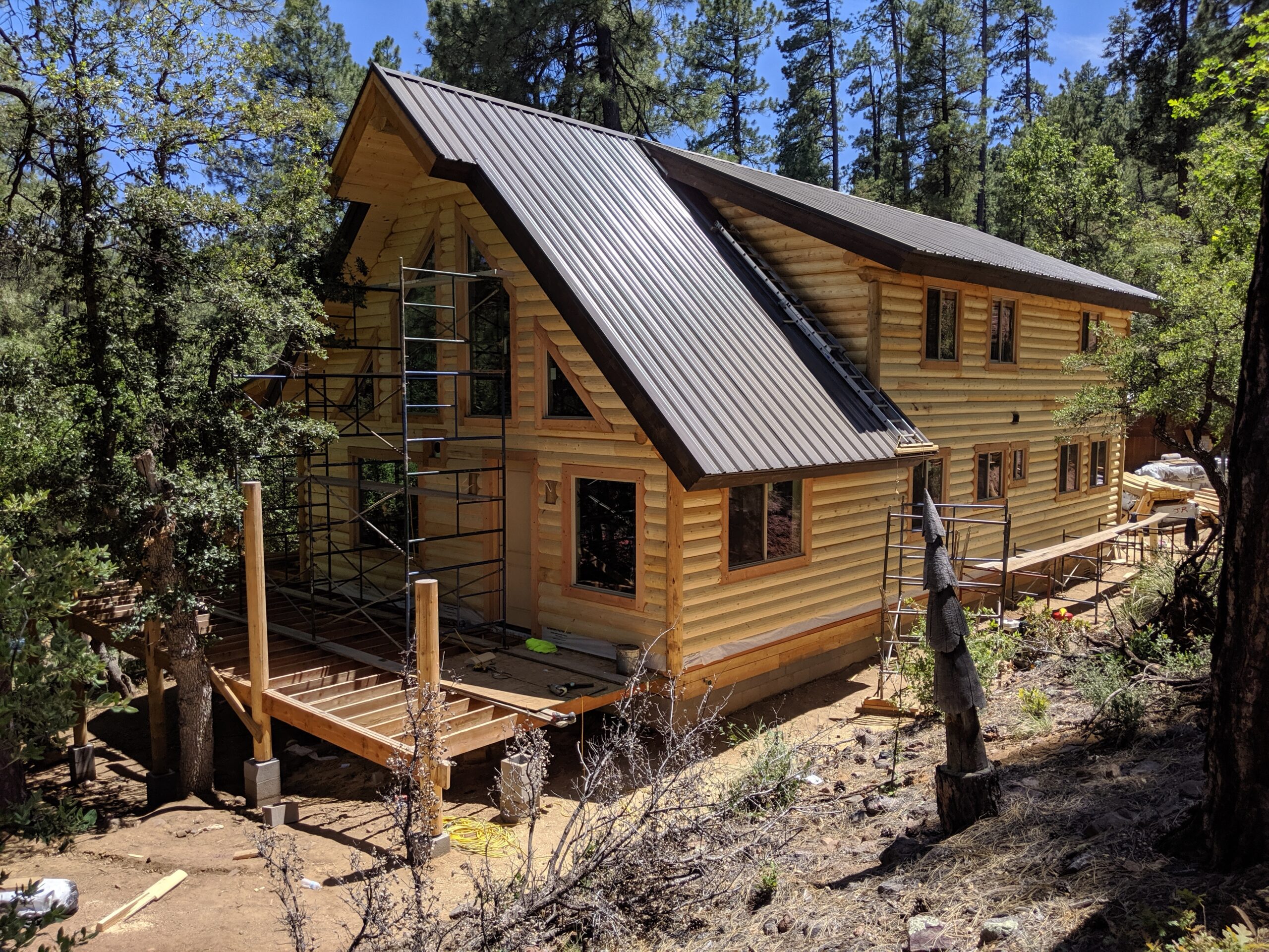 Beautiful log cabin surrounded by pine forest in rural setting