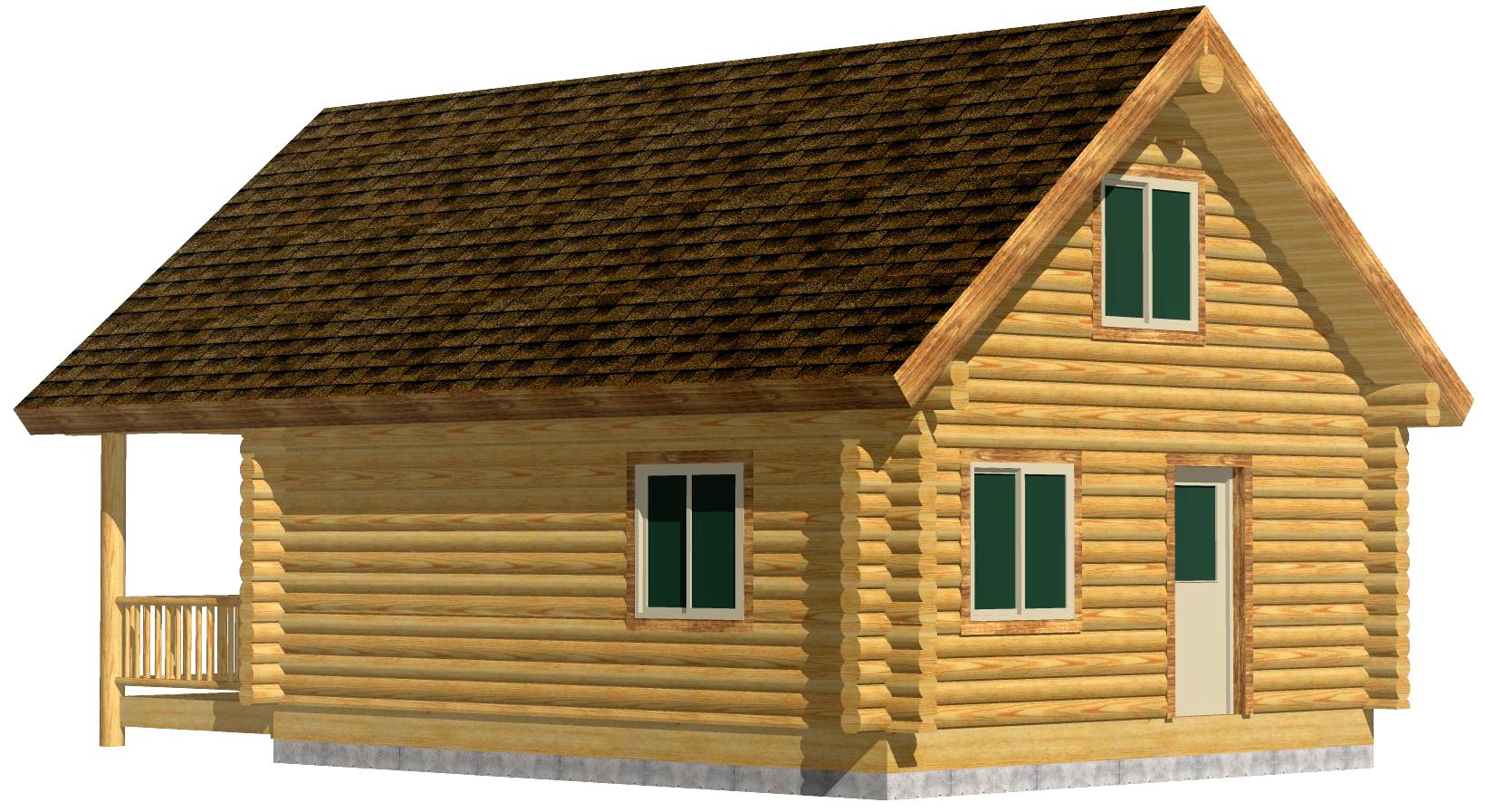 Wooden cabin with deck and pitched roof design