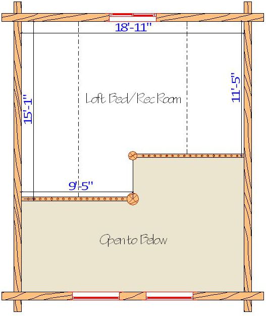 Floor plan of a log home layout showing various rooms including a master bedroom, guest room, living room, dining room, kitchen, and bathrooms with dimensions noted.