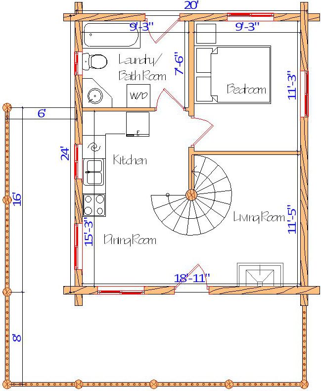 Floor plan of a log home layout showing various rooms including a master bedroom, guest room, living room, dining room, kitchen, and bathrooms with dimensions noted.
