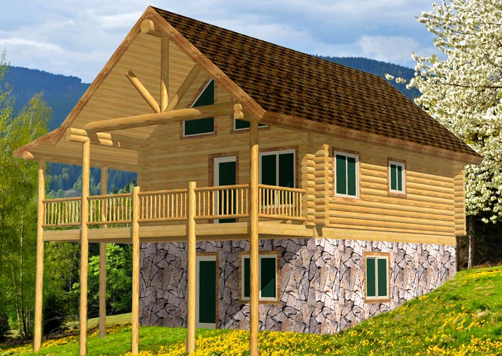 Two-story rustic log cabin with stone foundation and porch