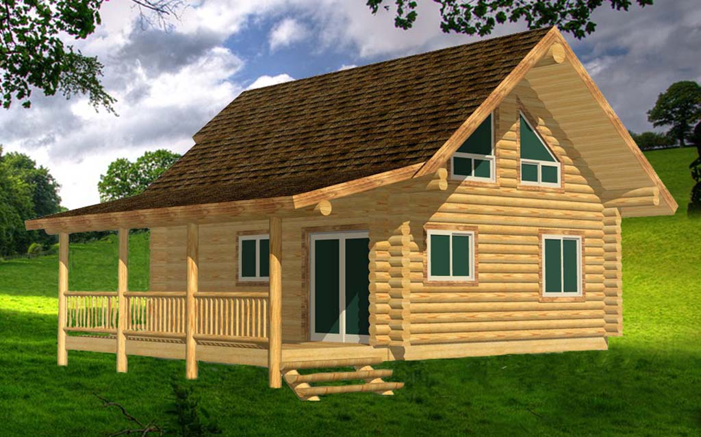 Log cabin on support columns with pitched roof and green windows
