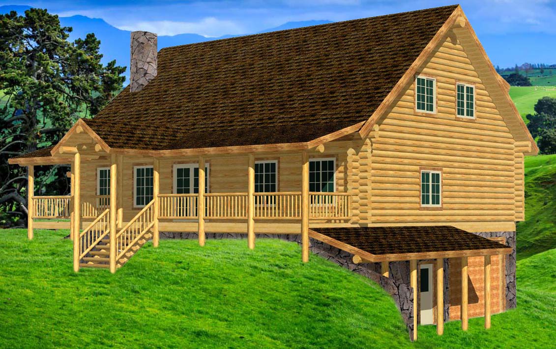 Elegant wooden cabin design with stone foundation and porches