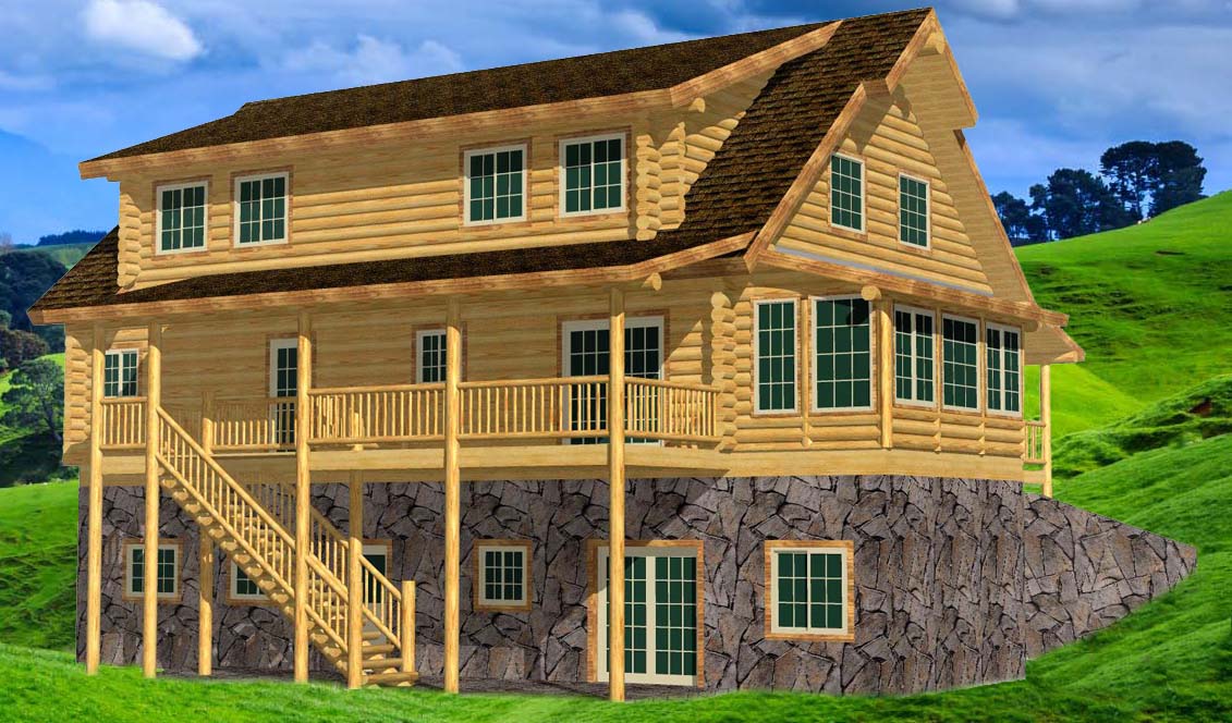 Elegant wooden cabin design with stone foundation and porches