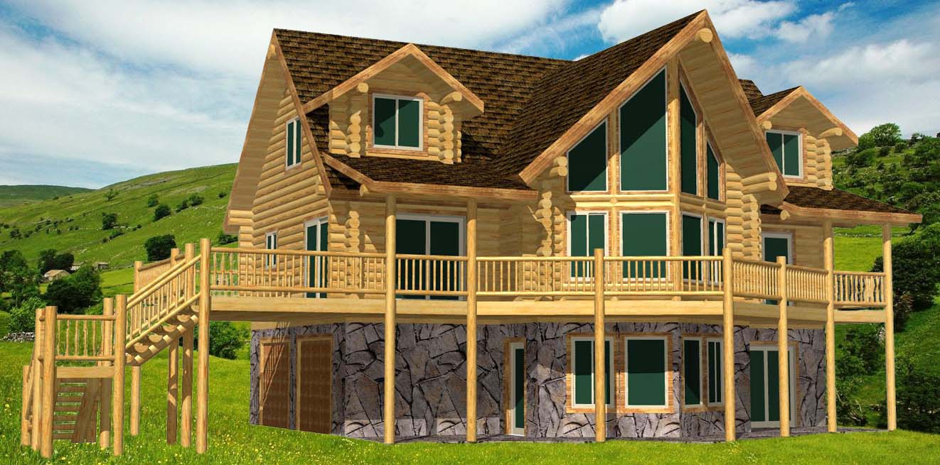 Spacious wooden cabin with large deck in scenic countryside