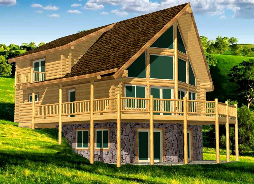 Rustic log cabin with large windows and stone foundation