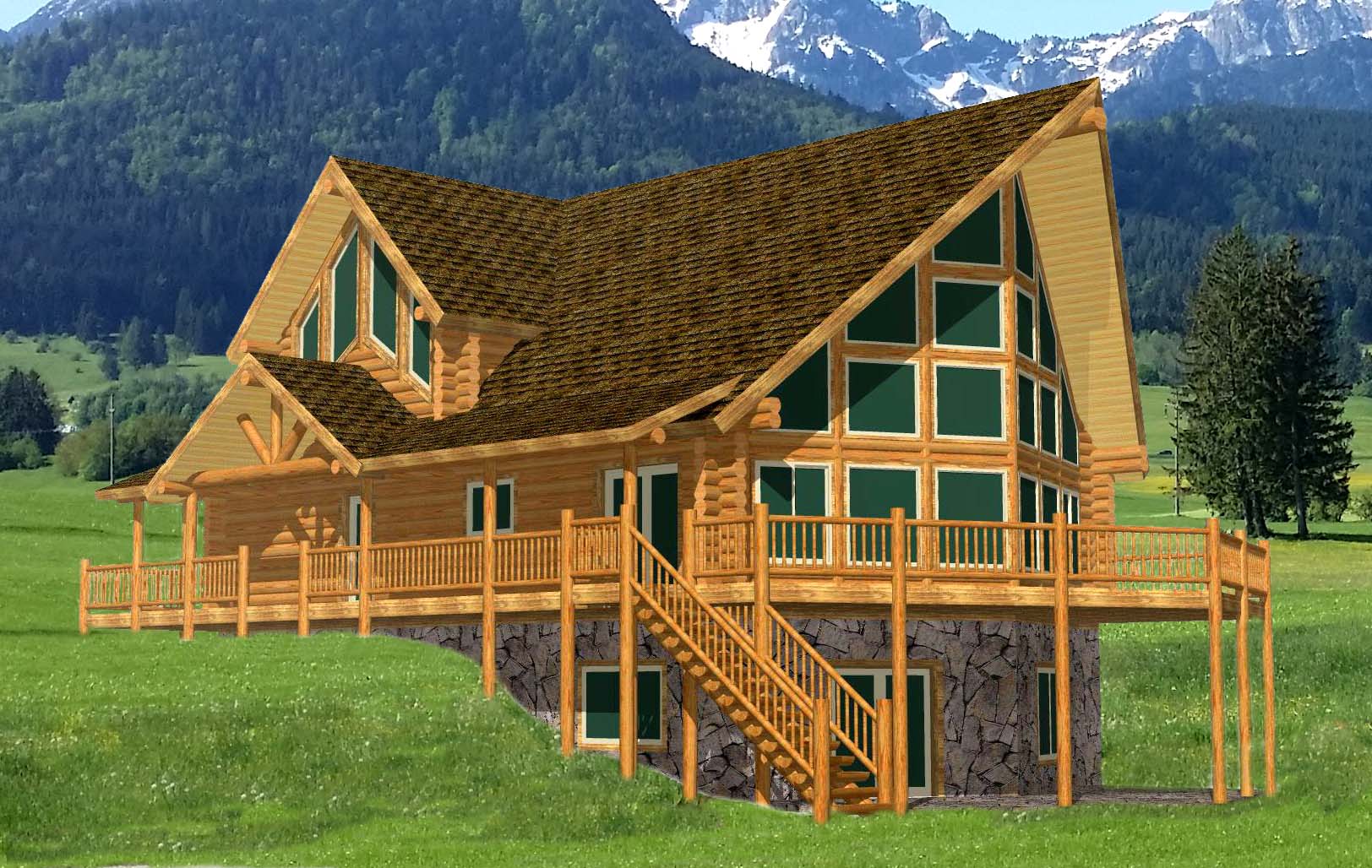 A-frame wooden mountain cabin with green surroundings and snow peaks