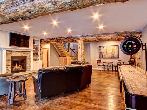 Rustic living room with fireplace and wood accents