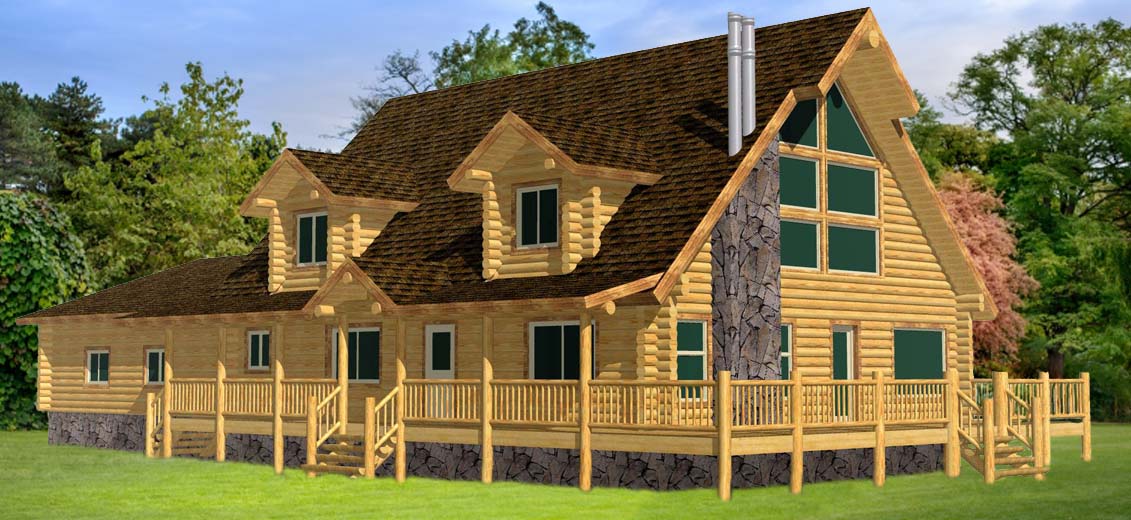 Spacious log cabin with green windows and large porch