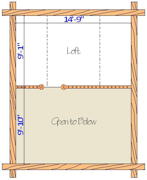 Loft floor plan with open area dimensions and wood frame design