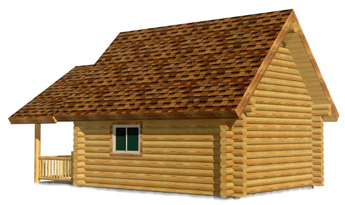 Wooden log cabin with sloped roof and front window.