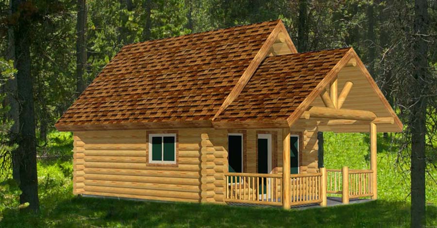 Wooden log cabin with sloped roof and front window.