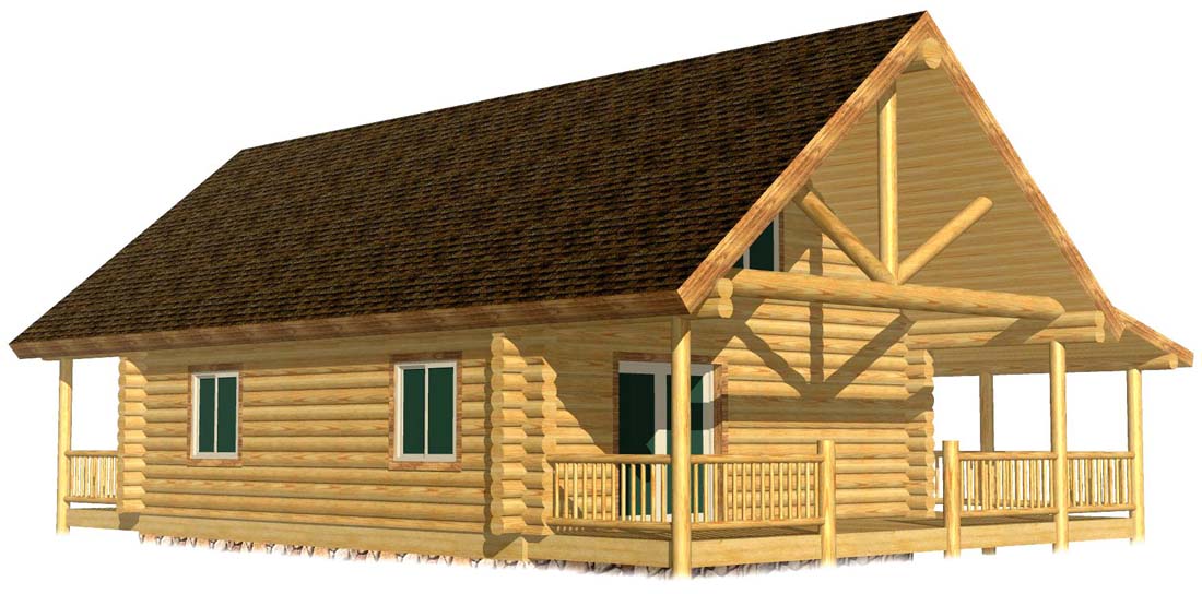 Wooden log cabin design with spacious porch and dark roof