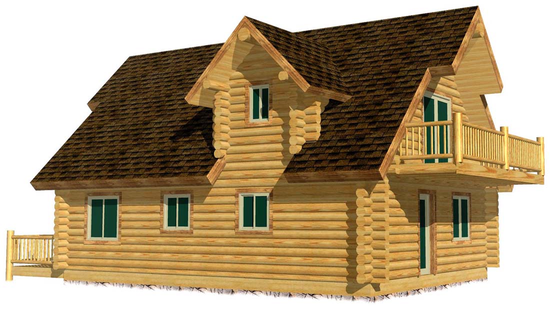 Cozy wooden cabin with windows and balcony in daylight