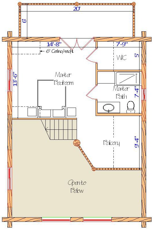 Upstairs floor plan with master bedroom and bathroom layout