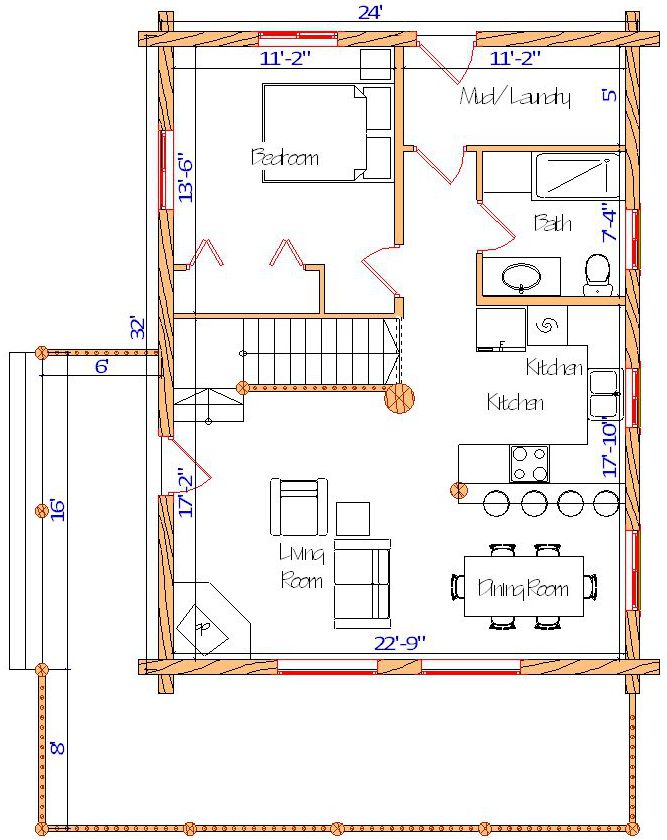 Cozy two-bedroom home floor plan with modern kitchen layout