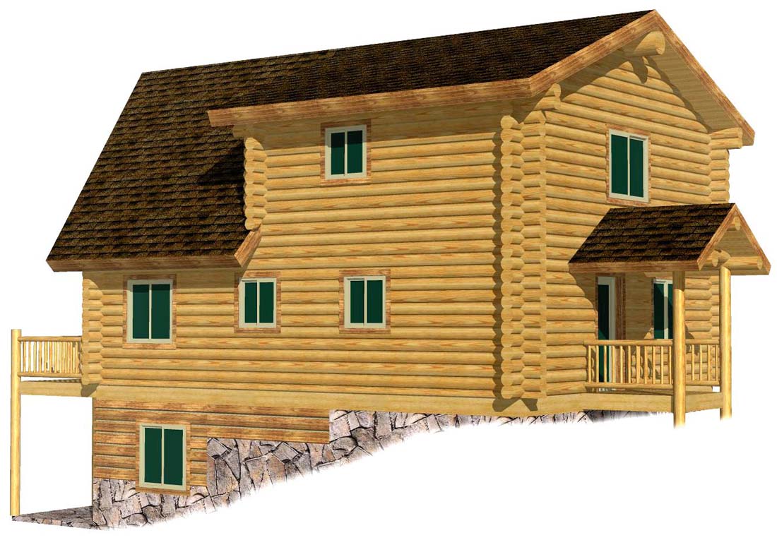 Wooden log cabin design with multiple windows and porch entrance