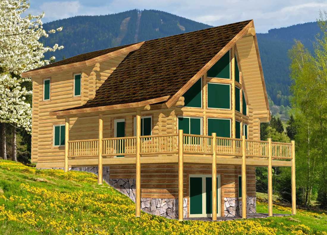 Wooden cabin with A-frame design in mountainous landscape.