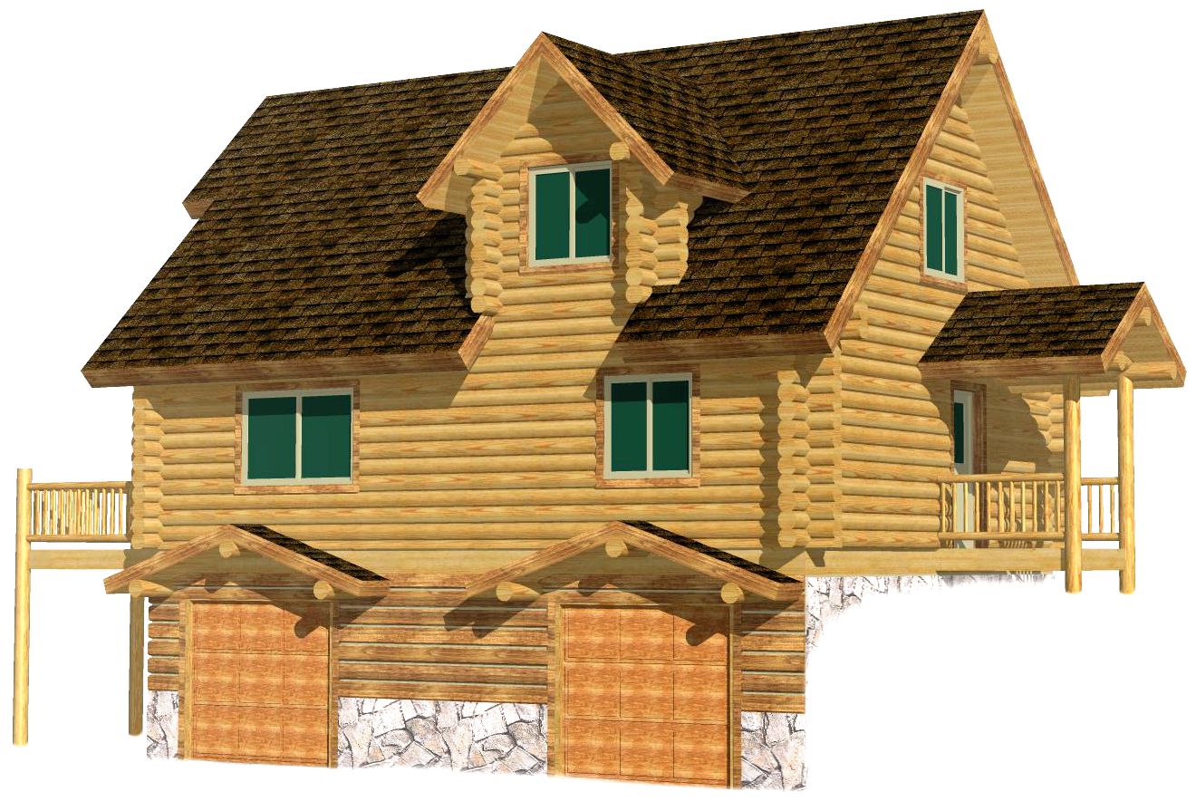 Rustic log cabin house with wooden garage and green windows