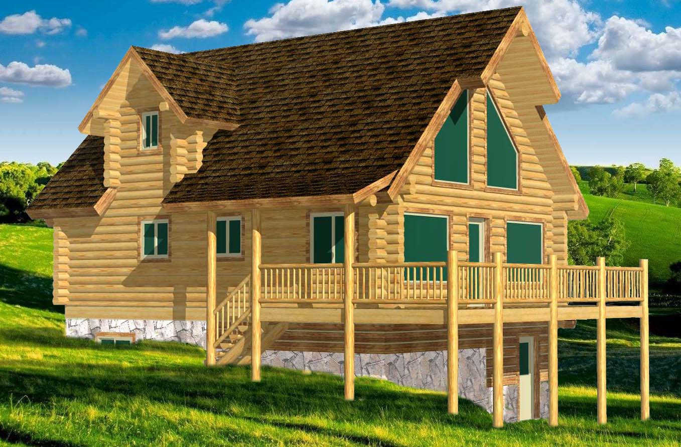 Wooden log cabin with green shutters on grassy hillside