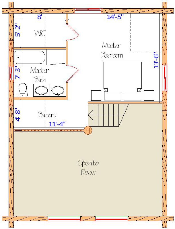 Second floor plan with master bedroom and balcony layout