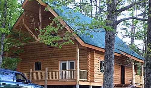 Log cabin retreat nestled in lush forest with porch view
